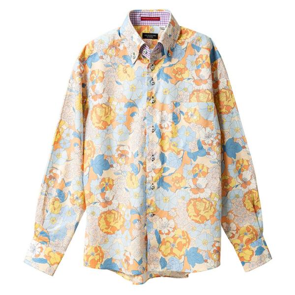 長袖 綿100％ ワイシャツ レギュラーフィット ボタンダウン 花 フラワー アート プリント 気丈...