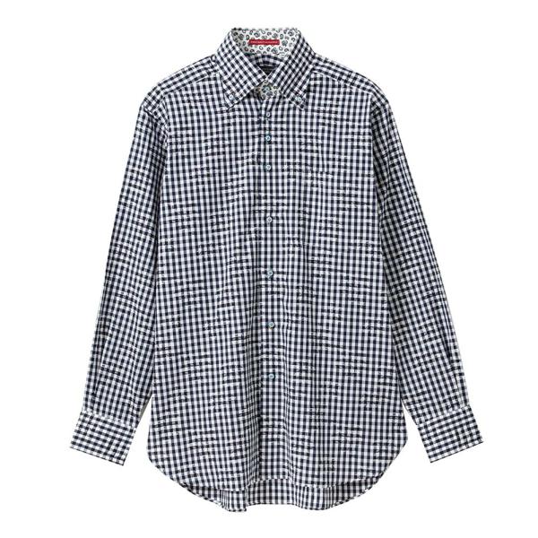 長袖 綿100％ ドレスシャツ レギュラーフィット ボタンダウン ギンガムチェック＆フラワージャガー...