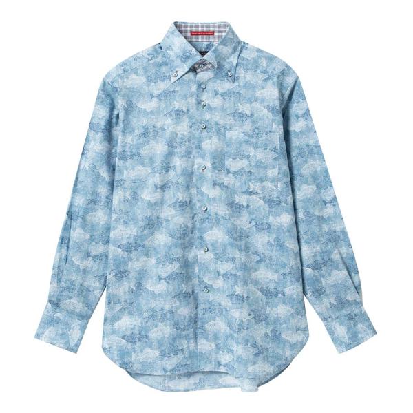 長袖 綿100％ ワイシャツ ボタンダウン レギュラーフィット ブルー 海 魚モチーフ デザイン お...