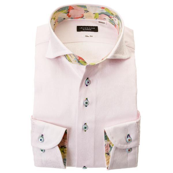 綿100％長袖ドレスシャツ スリムフィット カッタウェイ 胸ポケット無し ジャガード織柄 フラワー ...