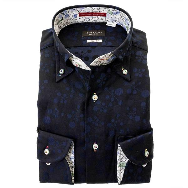 国産長袖綿100％ドレスシャツ スリムフィット ボタンダウン ダークネイビー ジャガード織柄 木の実...