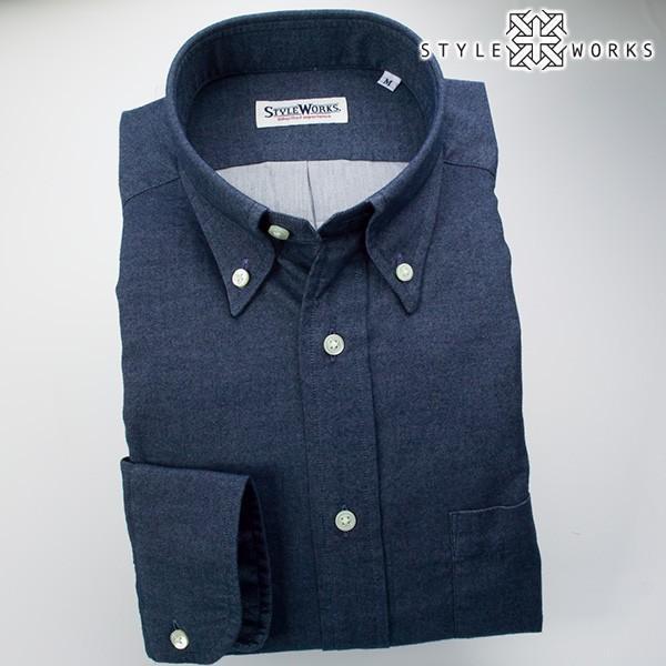 ワイシャツ 長袖ワイシャツ ボタンダウン ビエラインディゴ青