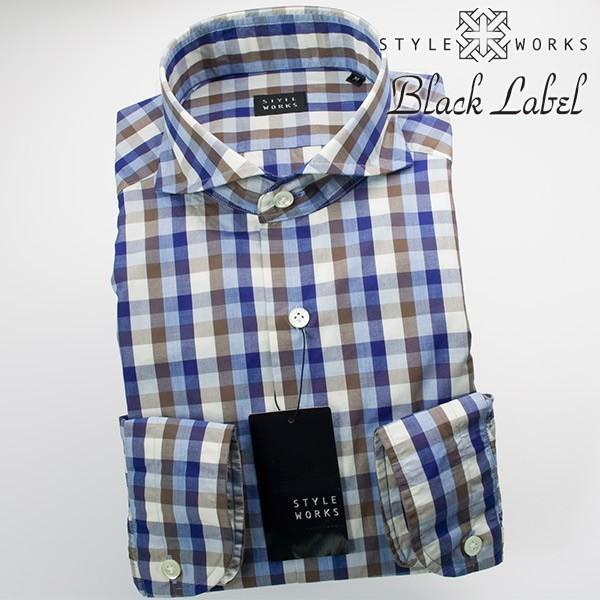 ワイシャツ 長袖ワイシャツ ワイドカラー 製品洗い加工 トーンオントーンチェック 青・グレー・白