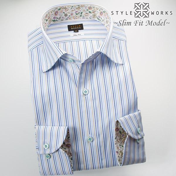 ワイシャツ 長袖 ドレスシャツ 綿100％ スリムフィット ワイド ストライプ 白・青・紺・ベージュ
