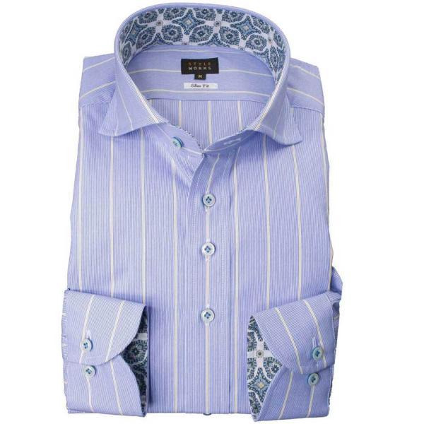 ワイシャツ 綿100% 長袖 スリムフィット ワイドカラー ブルー・イエローオルタネイトストライプ