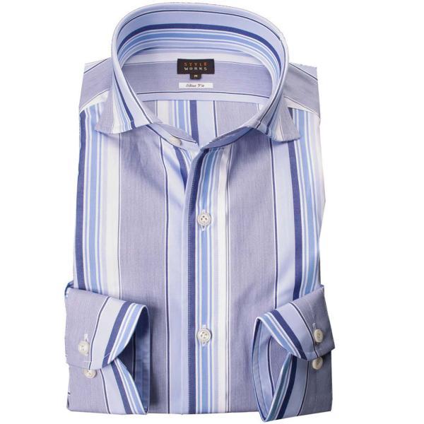 ワイシャツ 綿100% 長袖 スリムフィット ワイドカラー イレギュラーストライプ ブルー ネイビー