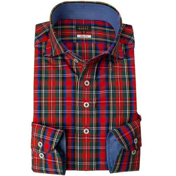 長袖 綿100ワイシャツ スリムフィット ビジカジ ワイドカラー タータンチェック レッド・グリーン...