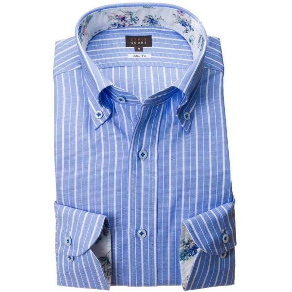 長袖コットンパナマワイシャツ スリムフィット ボタンダウンカラー シャンブレーサックスブルーブロック...