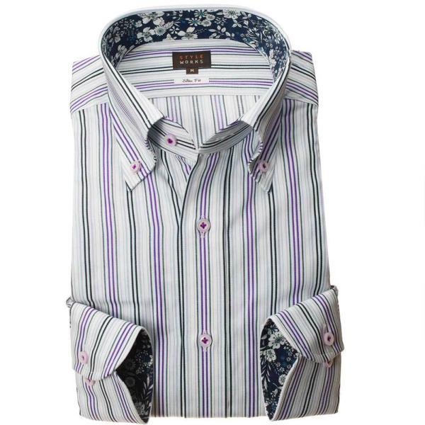 ワイシャツ 綿100% 長袖 スリムフィット ボタンダウンカラー パープルマルチストライプ