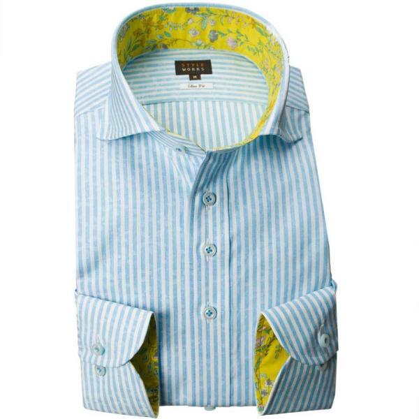 ワイシャツ 綿100% 長袖 スリムフィット ワイドカラー スカイブルー ロンドンストライプ 花型ジ...