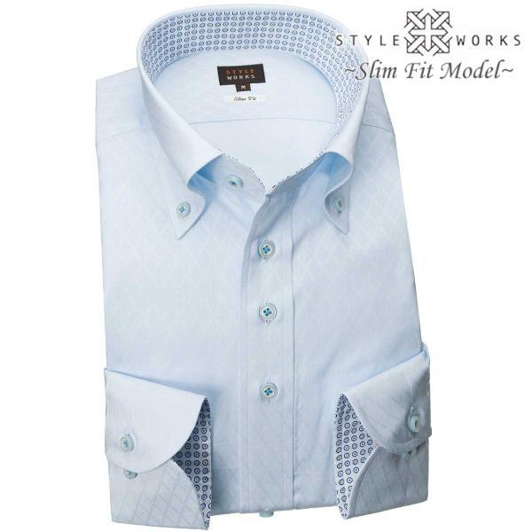 ワイシャツ 長袖 ドレスシャツ スリムフィット 青 ジャガード織ダイアチェック ピンドット ボタンダ...