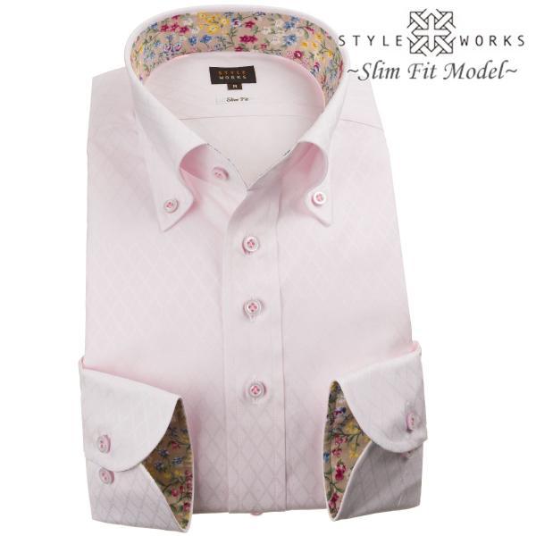 ワイシャツ 長袖 綿１００ワイシャツ スリム ピンク ジャガード織ダイアチェック ピンドット ボタン...
