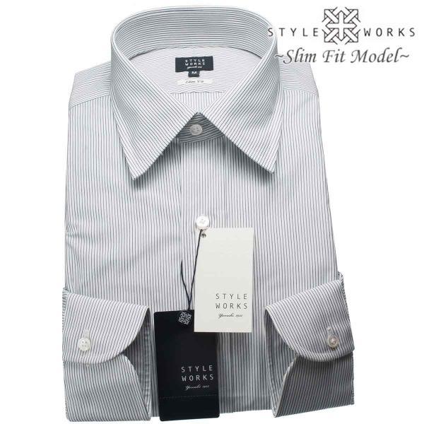 ワイシャツ 長袖ドレスシャツ スリムフィット GIZA88 レギュラーカラー 濃紺ピンストライプ