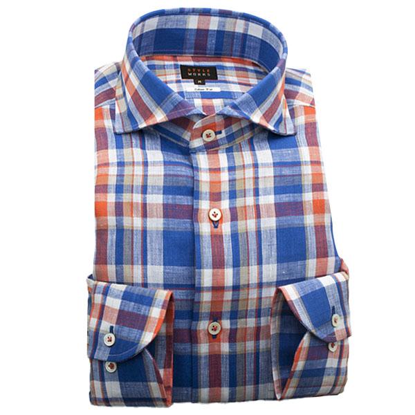 ワイシャツ 長袖 リネン100% スリムフィット ワイドカラー ブルー・レッド タータンチェック