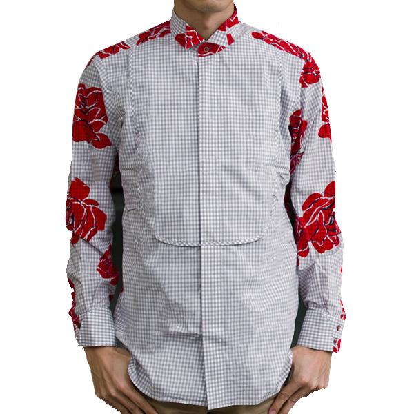 長袖綿100%ボザムシャツ ウィングカラー 比翼前立 ナポリカフス グレーギンガム バラプリント