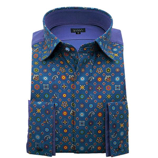 ワイシャツ 長袖ドレスシャツ ボザム スリムフィット ショートワイド 青プリントドット＆玉虫紫