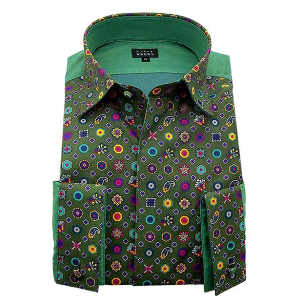 国産長袖純綿ボザムワイシャツ スリムフィット ショートワイドカラー グリーンオリジナルプリントドット...