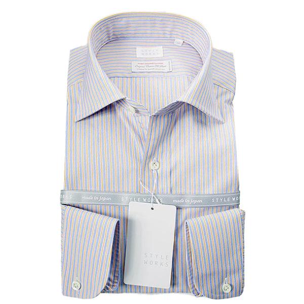 ワイシャツ 長袖ドレスシャツ ワイド 橙・青 ストライプ