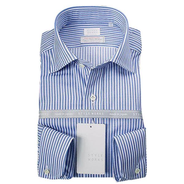ワイシャツ 長袖ドレスシャツ ワイド ストライプ 青・スカイ・白