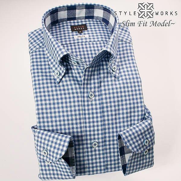 ワイシャツ 長袖 ドレスシャツ 起毛コットン 綿100% スリムフィット ボタンダウン 青ギンガムチ...