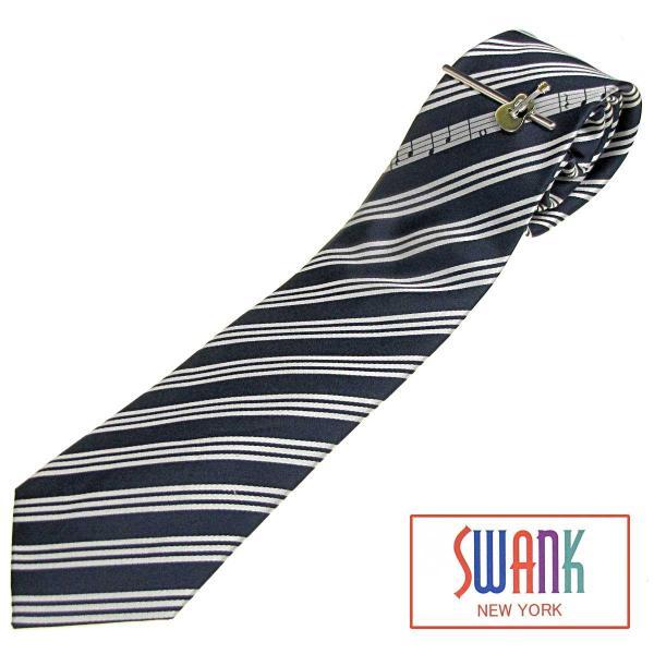 ネクタイタイピン＆ネクタイセット 濃紺トリプルストライプネクタイ アコースティックギターモチーフタイ...