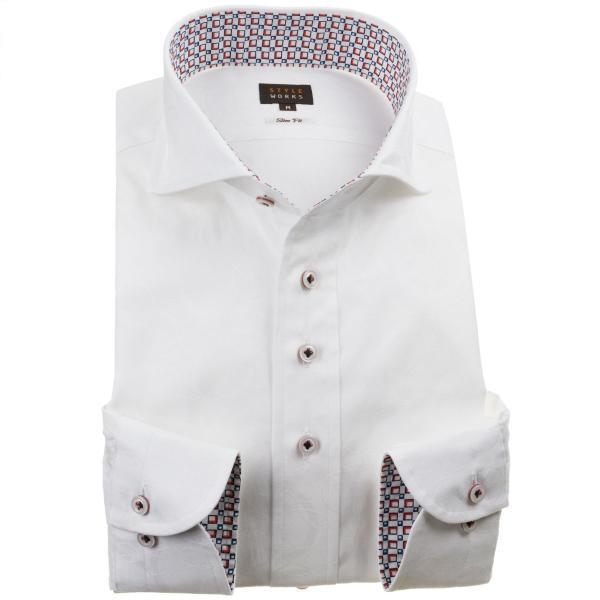 ワイシャツ| 長袖綿100%ワイシャツ スリム カッタウェイワイド 白 ジャガード織シャボン玉柄 バ...