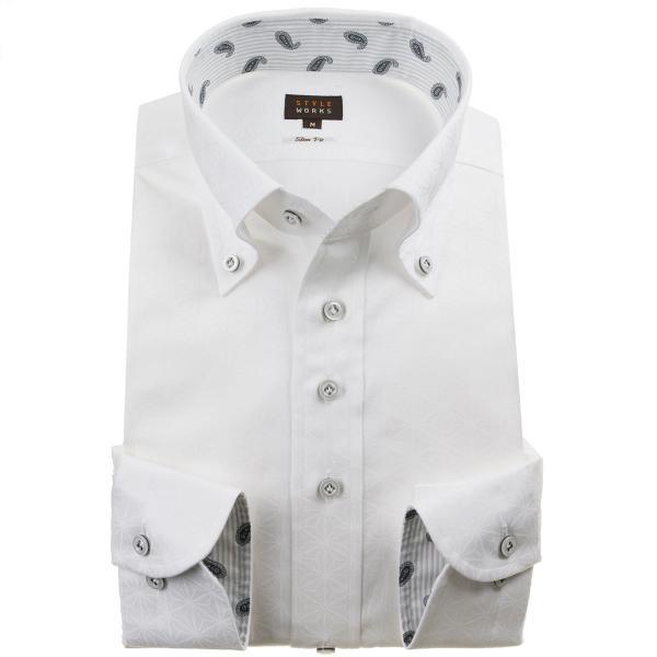 ワイシャツ| 長袖ワイシャツ スリム ボタンダウン 白 ジャガード 麻葉柄 麻の葉柄【Sサイズ・裄丈...