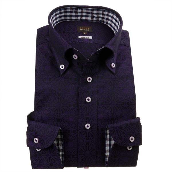 メンズワイシャツ 長袖 スリム ボタンダウン 紫 ジャガード フラワー リング パターン【Sサイズ・...