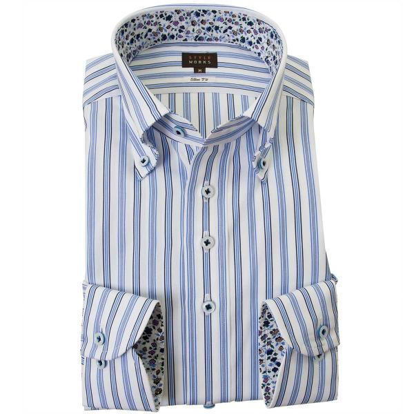 ワイシャツ 長袖 綿100%ワイシャツ スリム ボタンダウン 青ストライプ【Sサイズ・裄丈81cm】