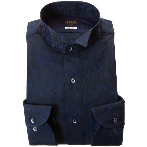 シャツ / メンズワイシャツ 長袖綿100％ワイシャツ スリム ウィングカラー 濃紺 ジャガード織フ...