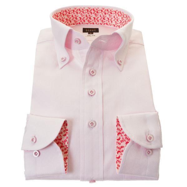 ワイシャツ| 長袖ワイシャツ スリム ボタンダウン ピンク ジャガード織柄 チェック ドット