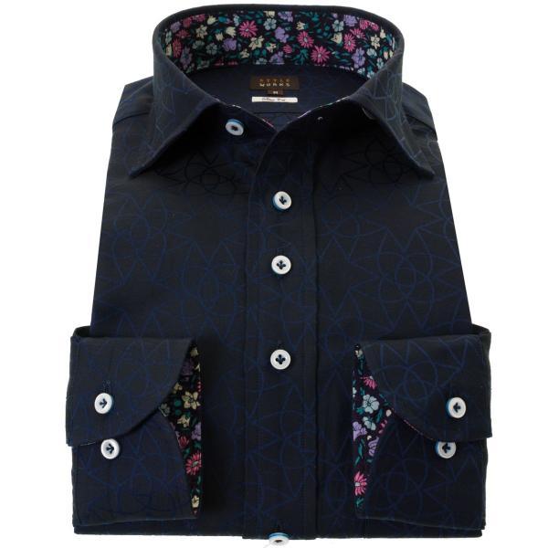 ワイシャツ| 長袖綿100%ワイシャツ スリム ワイド 濃紺 ジャガード織柄 幾何柄