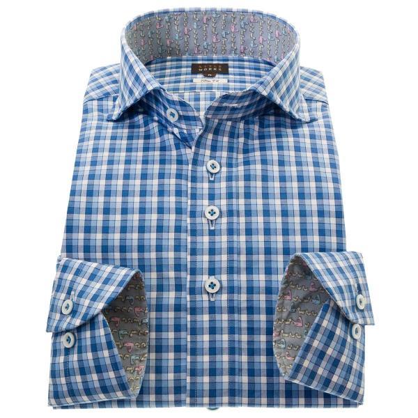 ワイシャツ 綿100% 長袖 ワイシャツ スリム ワイドカラー 青 チェック