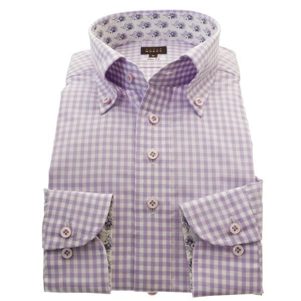 ワイシャツ| 長袖ワイシャツ スリム 綿100% ボタンダウン ブロードクロス 紫ギンガムチェック