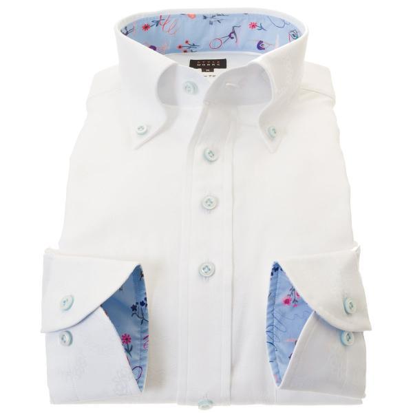 ワイシャツ 長袖 綿100% スリムフィット ボタンダウン ホワイト ジャガード織 月桂冠 ローレル...