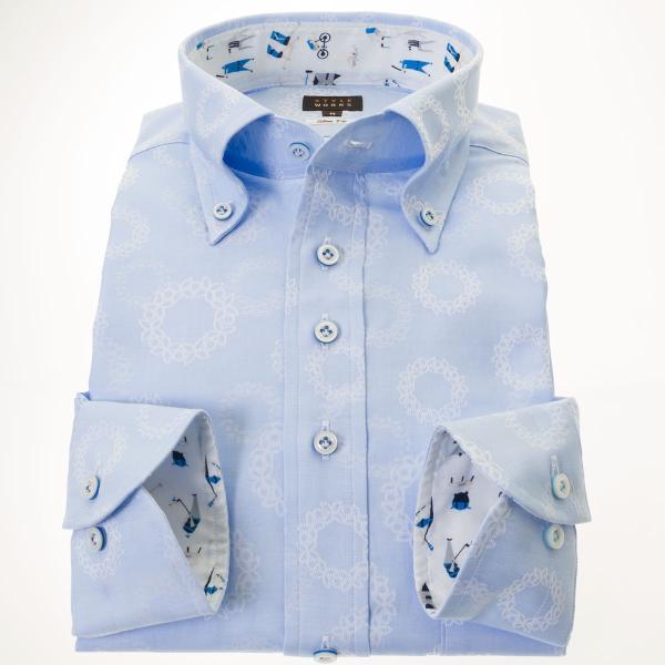 国産 長袖ワイシャツ 綿100% スリムフィット ボタンダウン スカイブルー ジャガード織 月桂冠 ...