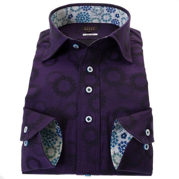 ワイシャツ 長袖 綿100% スリムフィット ワイドカラー ダークパープル ジャガード織 月桂冠 ロ...