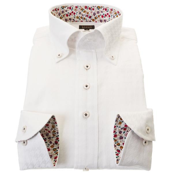 ワイシャツ 長袖 綿100% スリムフィット ホワイト ジャガード織柄 千鳥格子 ボタンダウンカラー