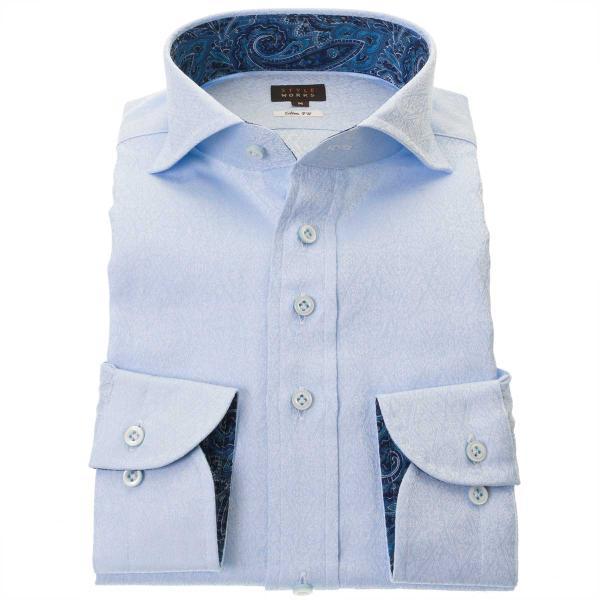 長袖ワイシャツ スリムフィット ワイドカラー ブルー ジャガード織柄 菱形