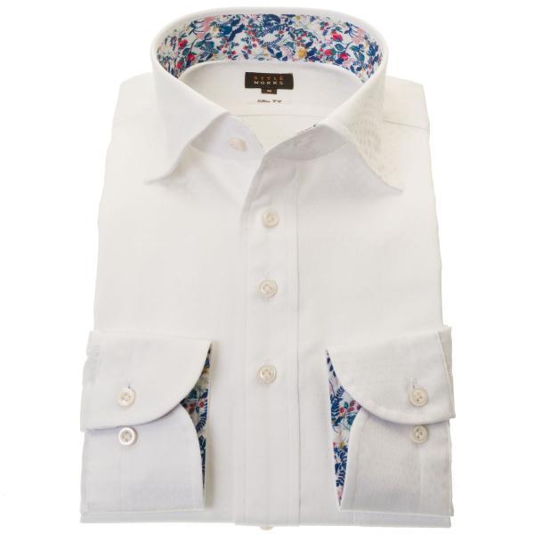 国産綿100%長袖ワイシャツ ワイドカラー スリムフィット ホワイト 白 ジャガード グラデーション...