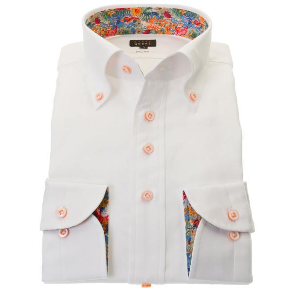 ワイシャツ 綿100% 長袖 スリムフィット ボタンダウン ホワイトジャガード織モチーフドット柄 ド...