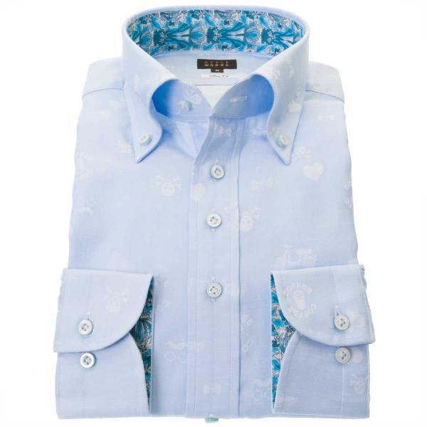 ワイシャツ 綿100% 長袖 スリムフィット ボタンダウン スカイブルー ジャガード織スカル柄 ドク...