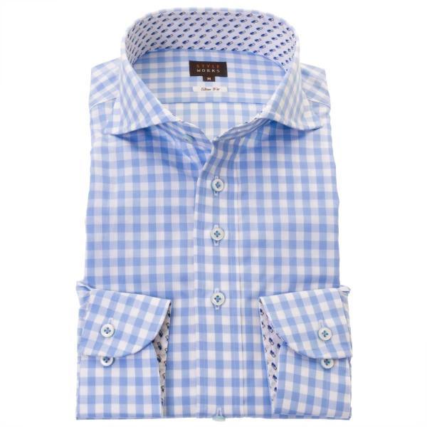 綿100%長袖ワイシャツ スリムフィット ワイドカラー ブルーギンガムチェック
