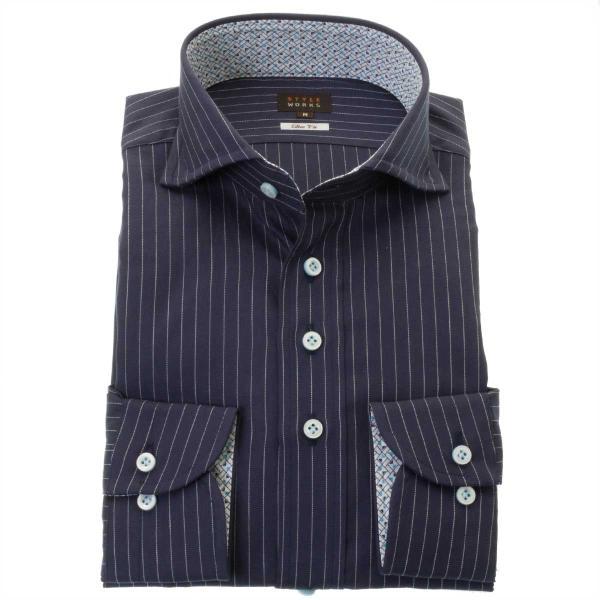 綿100%長袖ワイシャツ スリムフィット カッタウェイワイド ネイビーペンシルストライプ