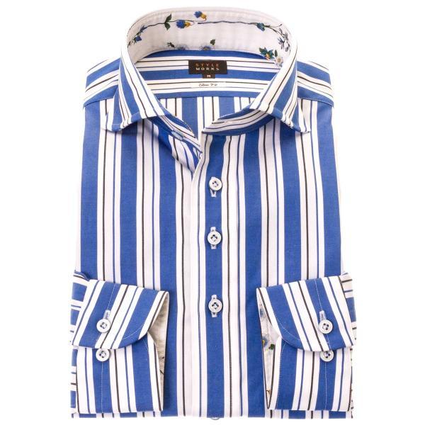 ワイシャツ 長袖 スリムフィット 綿100% ワイドカラー ブルー ネイビー クラブストライプ