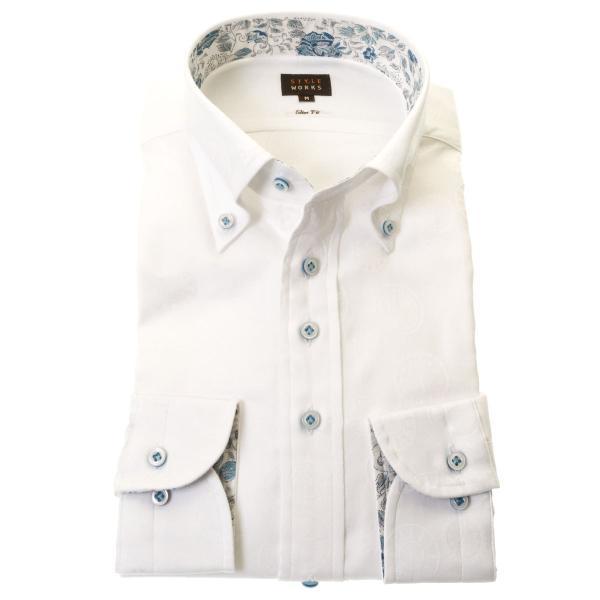 ワイシャツ 長袖 スリムフィット ボタンダウン ホワイト ジャガード 白 時計デザインドット柄