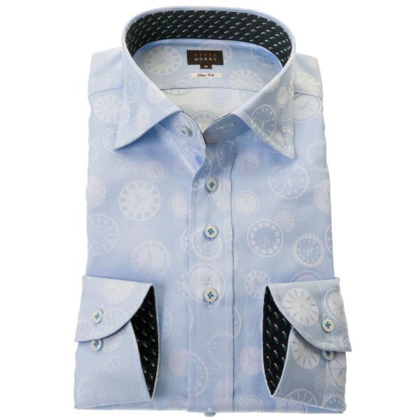 ワイシャツ 長袖 スリムフィット ボタンダウン ホワイト ジャガード スカイブルー 時計デザインドッ...