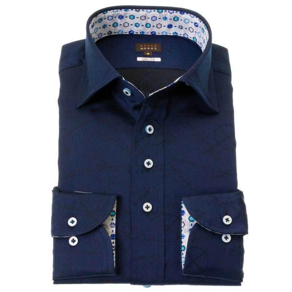 長袖綿100%ワイシャツ スリムフィット ネイビー ジャガード織柄 数式 方程式 関数 図式