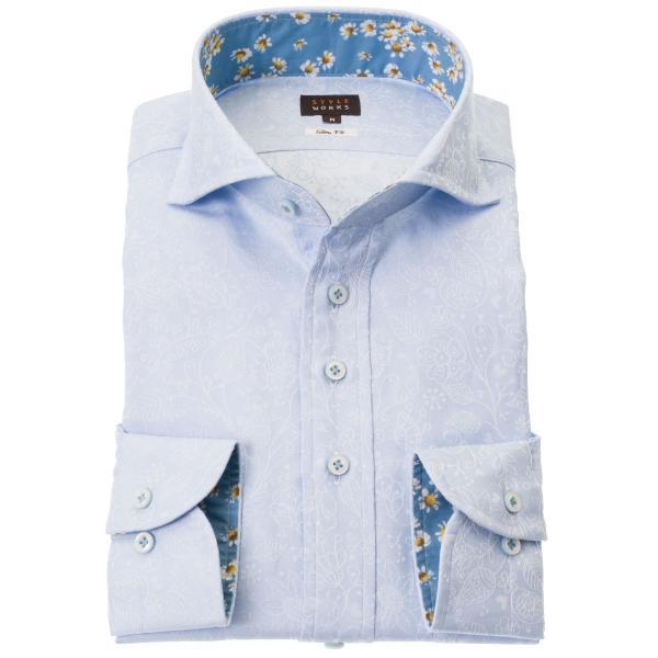 ワイシャツ 長袖 スリムフィット ワイドカラー スカイブルー ジャガード織柄 デザイン フラワー ハ...