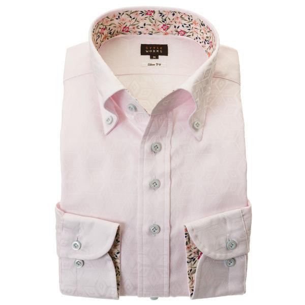 ワイシャツ 綿100% 長袖 スリムフィット ボタンダウン ピンク ジャガード織 結晶 ダイヤ 六芒...